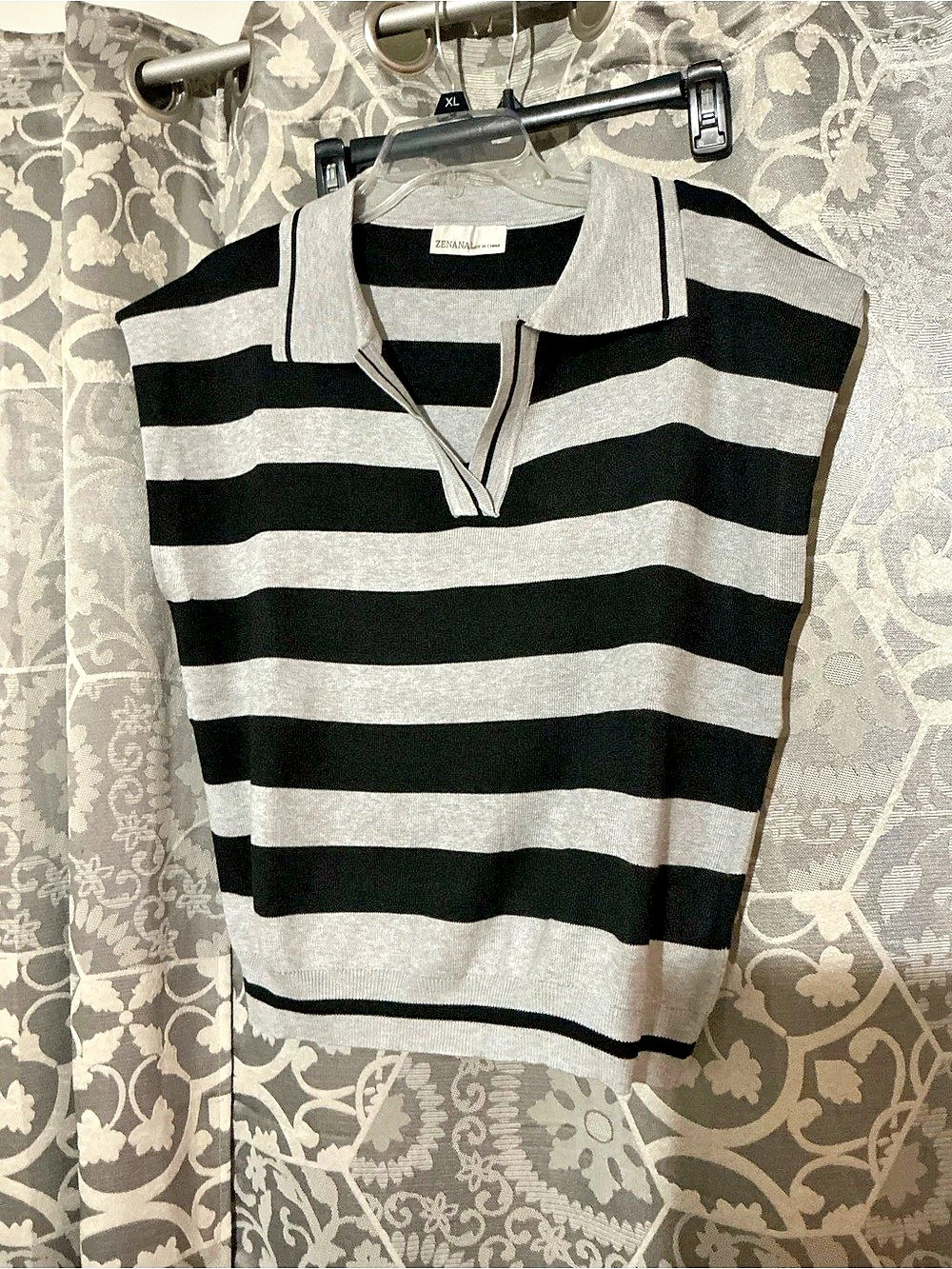 Zenana Striped Collared Top Black & Gray L